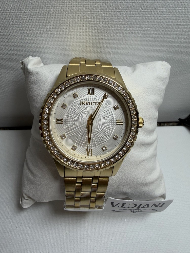 Invicta Men’s Gold Gem-Set Wristwatch Gemstone Markers Metal Bracelet Box