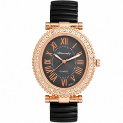 Women’s Oval CZ Bezel Roman Numerals Dial Steel Elastic Band Quartz Wrist Watch
