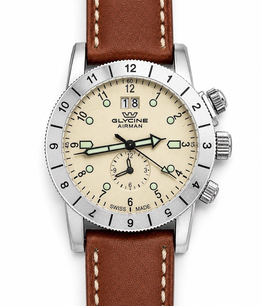 Glycine Airman GL0149 Quartz GMT Cream Dial 42mm Original Box & Strap