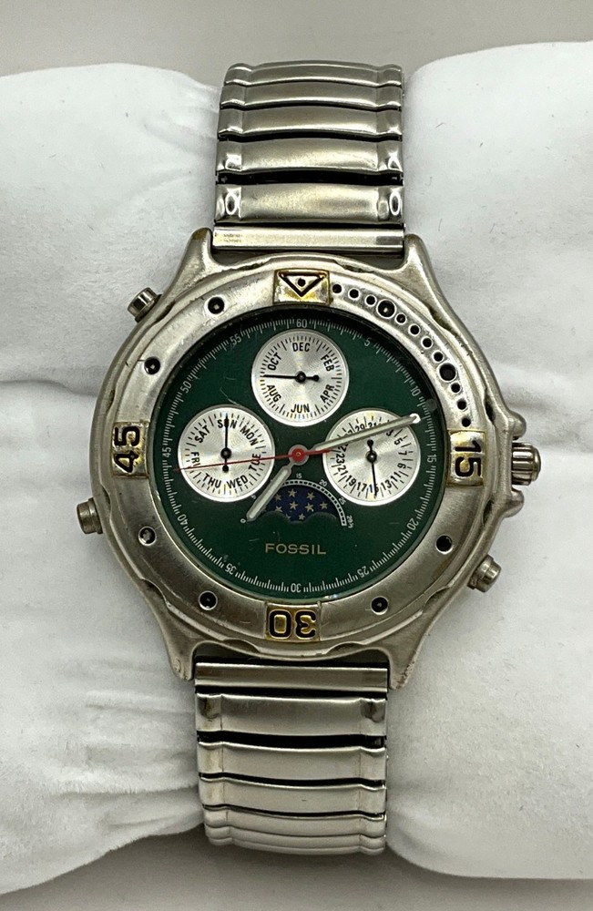 Vintage Fossil Blue BQ-8474 Chronograph Moon Phase Mens Watch Green WORKING