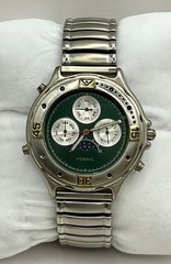 Vintage Fossil Blue BQ-8474 Chronograph Moon Phase Mens Watch Green WORKING