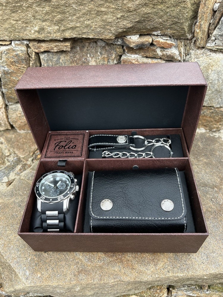 Folio Men’s Gift Set: Watch Black Rubber Silicone Band, Wallet & Pocket Chain