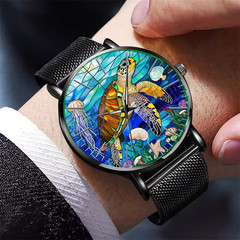 Intricate Stained Glass Sea Turtle Underwater Print Wrist Watch