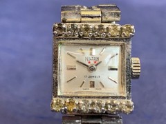 Hilton Windup Wristwatch 17 Jewels Baton Indices Clear Stones Fold Over *RUNS*