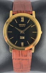 Beautiful Seiko Slim Round Black Dial Quartz Men’s Wristwatch Leather Band