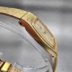 Seiko Watch Women 13mm Gold Dial Gold Tone Rectangle 2E20-6130 New Battery VTG