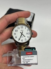 Timex Easy Reader Watch Men 35mm Indiglo Silver Gold Tone Date Stretch Band a9