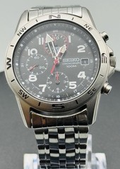 Seiko Watch Chronograph Black Dial Compass Bezel 100M Stainless Steel SND375P1