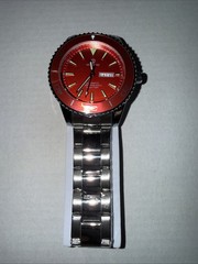 Premium Steel strip circular watch, Steel Strap, 42mm case. Red Face