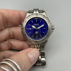 Fossil Mens Watch 35mm Blue Dial Diver AM-3715 Stainless Steel New Battery 6.75″