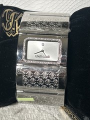 Roberto Cavalli Pavon Women’s Rectangular Analog Bangle Watch With Box