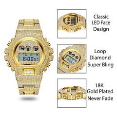 18K Gold IPS Plated LED Digital Hip Hop Bling Ice out Mens Watch Iced Cz Diamond