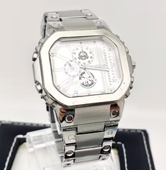 Men Stainless Steel Alloy Quartz Watch Silvery-Tone Accents Rectangular Dial