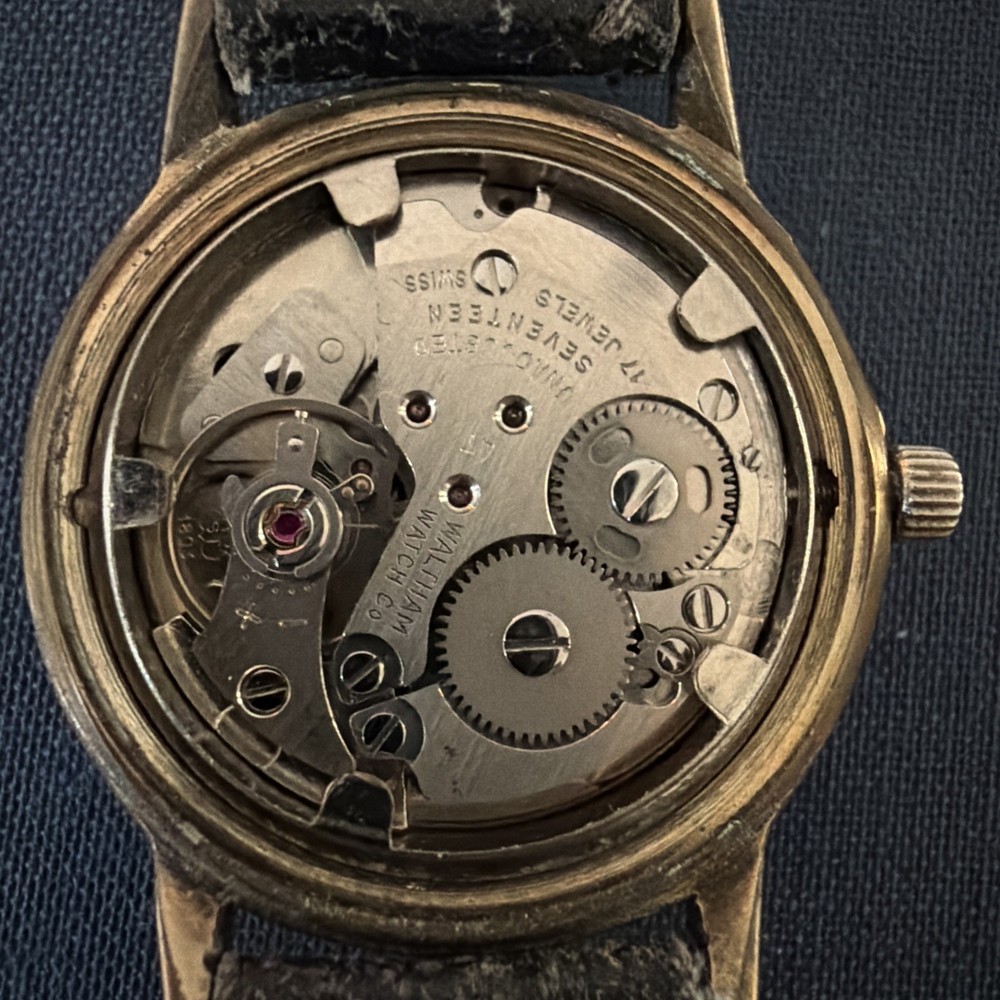 Waltham Super Clean Gold Black Leather Band Wind-Up Men’s Wrist Watch WORKS!