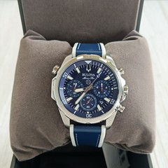 Bulova Marine Star Blue Dial Silicone Leather Men Chronograph 96B287 Watch 43mm