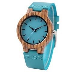 Ladies Blue Dial Wood Case Watch Genuine Leather Strap Quartz Valentine’s Day