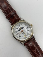 Vtg Milan Moon Phase Watch Women Gold Silver Tone Brown Leather New Battery