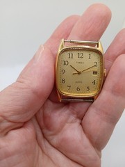 Vtg Timex Watch Men 29mm Gold Tone Rectangle 1990 Date Nice Cosmetic Condition