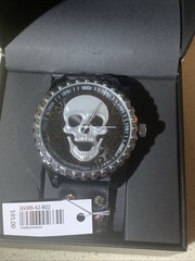 Ed Hardy Quartz Watch Silver Skull Dial Black Strap w/ Box NEW