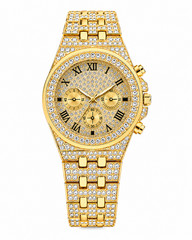 Men’s Gold Plated Luxury Quartz Watch Iced Out Rhinestone Roman Dial
