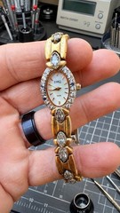 DMQ Swiss Women’s Dress Watch Gold Tone Crystal Accent Bracelet Watch As Found