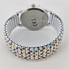 36MM Women’s Watch White Dial Polka Multicolor Strech Band 6.5″ New Battery