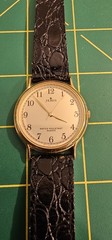 Vtg Jemis Watch Mens ? Unisex Gold Tone Leather Faux Lizard Band New Battery
