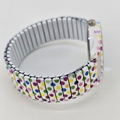 36MM Women’s Watch White Dial Polka Multicolor Strech Band 6.5″ New Battery