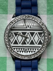 Silver Tone Black And White Dial Blue Band Women’s Quartz Watch