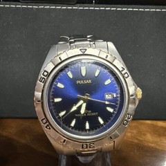 Men’s Pulsar V732-X203 Date Only Wrist Watch blue Dial 40MM SS Gold Tone #101