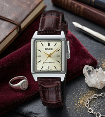 Casio LTP-V007L-9E Square Tank Gold Dial Brown Leather Watch New