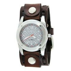 Silver Elegant Carbon Fiber Men’s Watch with Dark Brown Wide Weaving Leather Cuf