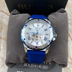 Bulova Marine Star Blue/WhiteDial Red Silicone Men’s Automatic 98A225 Watch 45mm