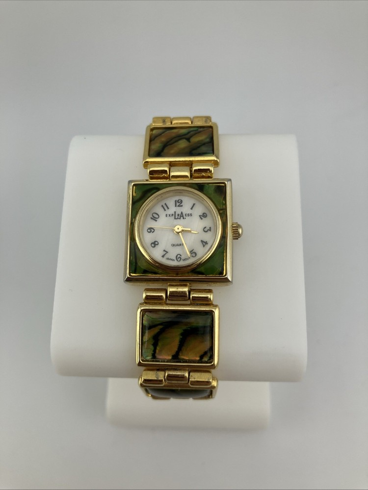 Vtg LA Express Ladies 21mm Watch Gold Tone Abalone Band MOP Dial 7″ – RUNS