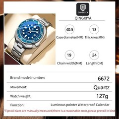 44MM QINGXIYA Tuna Quartz Mens Watch Stainless Steel 30M Waterproof Luminous NEW