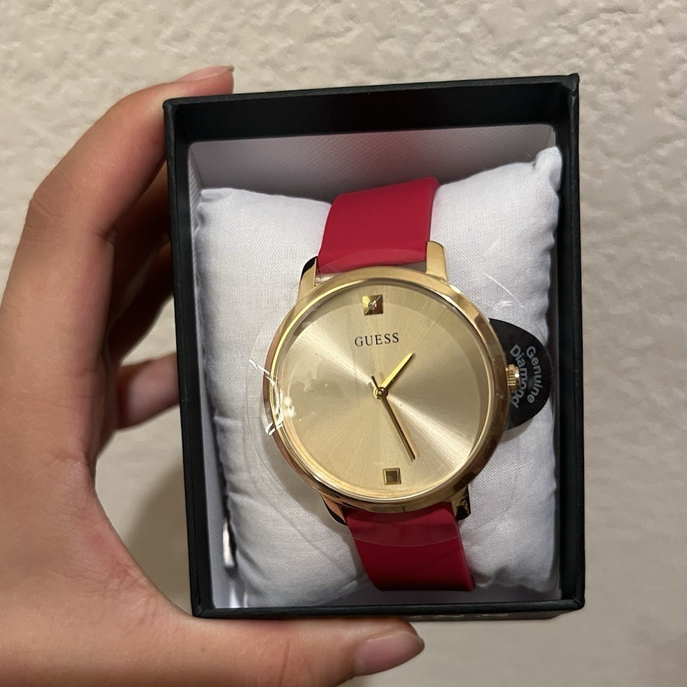 GUESS Women’s Analog Champagne Gold Dial Tone Case Red Silicone Strap w/Box 40mm