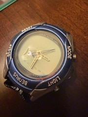 Benrus Quartz Analog Sport Wristwatch 100m Gold Dial Blue Bezel Rubber Strap