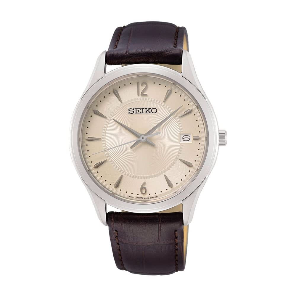 Seiko Men’s Analog Quartz Watch with Leather Strap, SUR421P1, Silver Strap