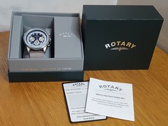 Mens Silver Milanese Bracelet Rotary Blue Face Chrono Slide Rule Pilot Watch NEW