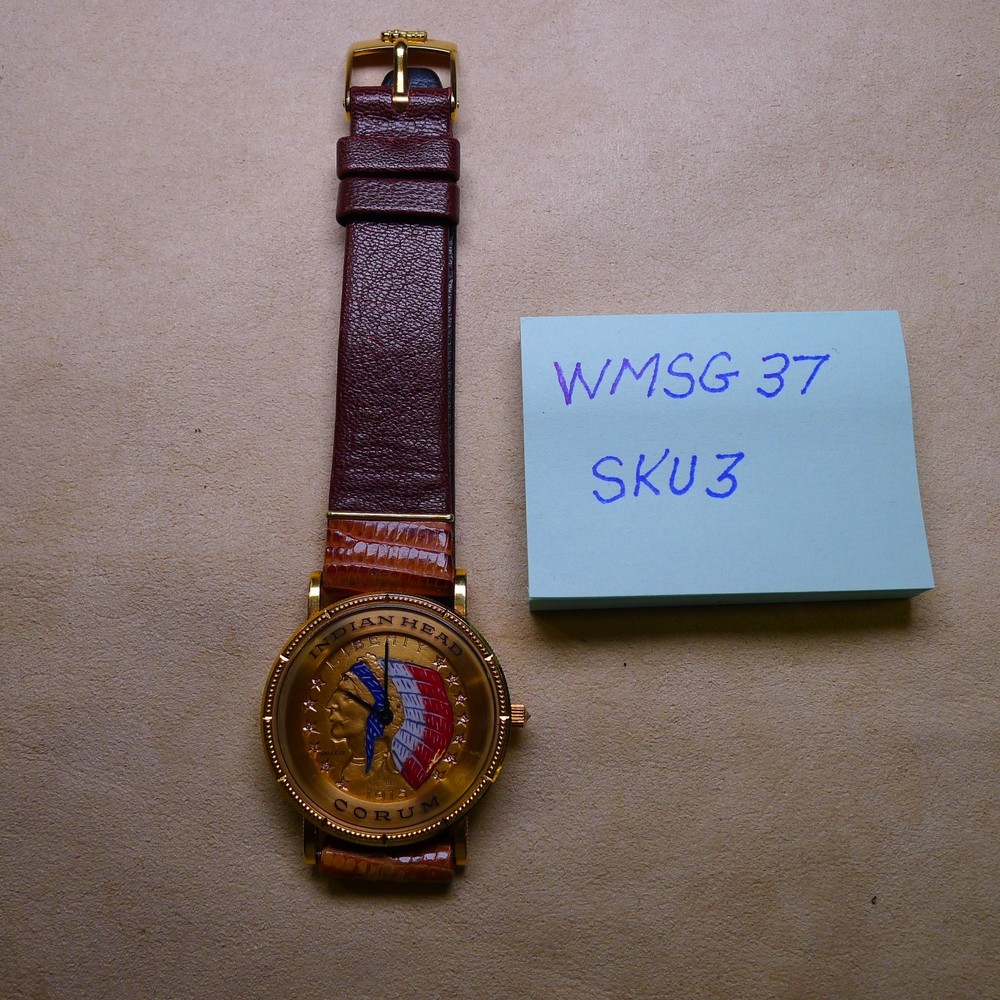 Corum 18K Watch 5 Dollars Indian Head Coin 1915. Brown Leather Strap, Case 31mm