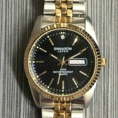 Swanson Men’s Watch Round Day Date Black Dial on Two Tone Linked Band New Item!