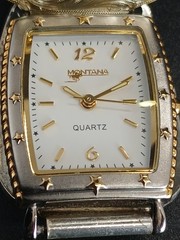 Montana Silversmiths Watch Silver And Gold With Sheep Emblem Black Leather Strap
