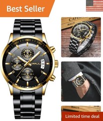 Men’s Stainless Steel Chronograph Watch – Black Dial & Band, Waterproof Design