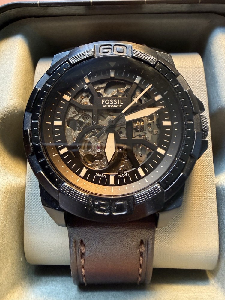 Fossil Black 40mm Steel Automatic Men’s Watch With Tin Box And Papers Works