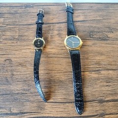 Set of 2 Ladies Diamond Quartz, Round Gold Tone Black Leather Band Analog Watch