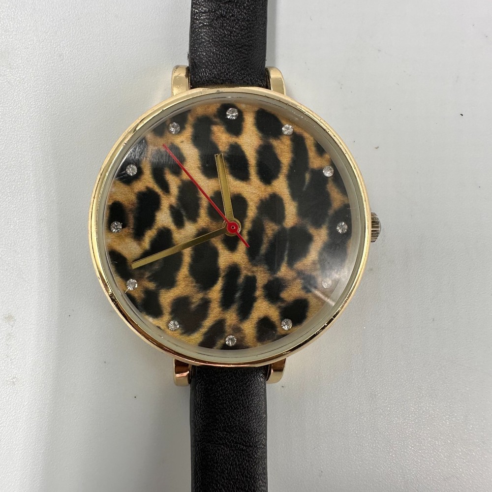 Womens Watch Gold Tone Animal Print Dial Black Vegan Leather Band New Battery