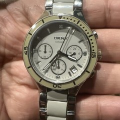 Working DKNY Womens Ceramic Chronograph Gray Steel Dainty Watch 37.5mm Fit 6.5”