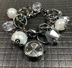 NY&C Bracelet Watch Dark Metal Beaded Bracelet Chain New Battery 7-8.5”