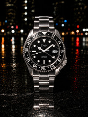 Custom Élan Noir Tempesta Exhibition GMT Watch 41mm Steel Silver Black NH35 Auto