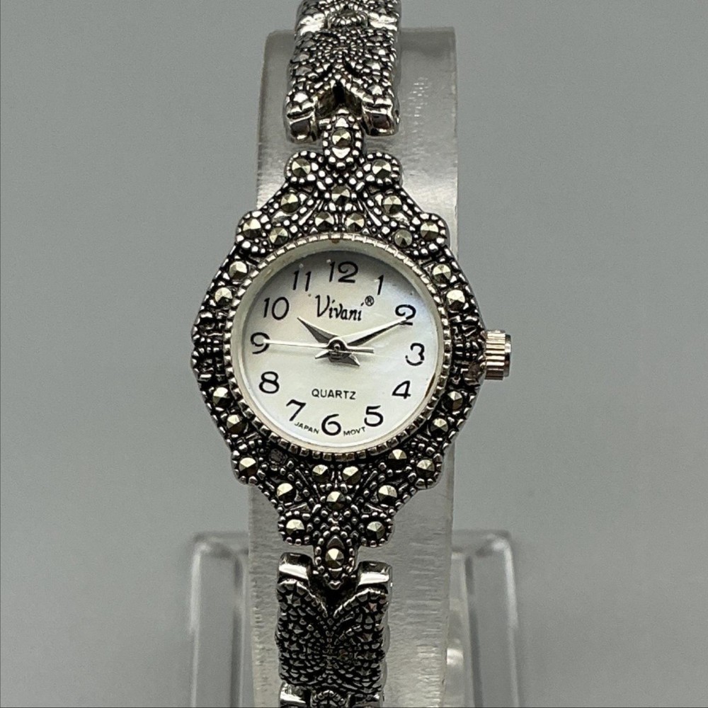 Vivani Womens Watch 16mm White Dial Silver Tone Marcasite New Battery 7″